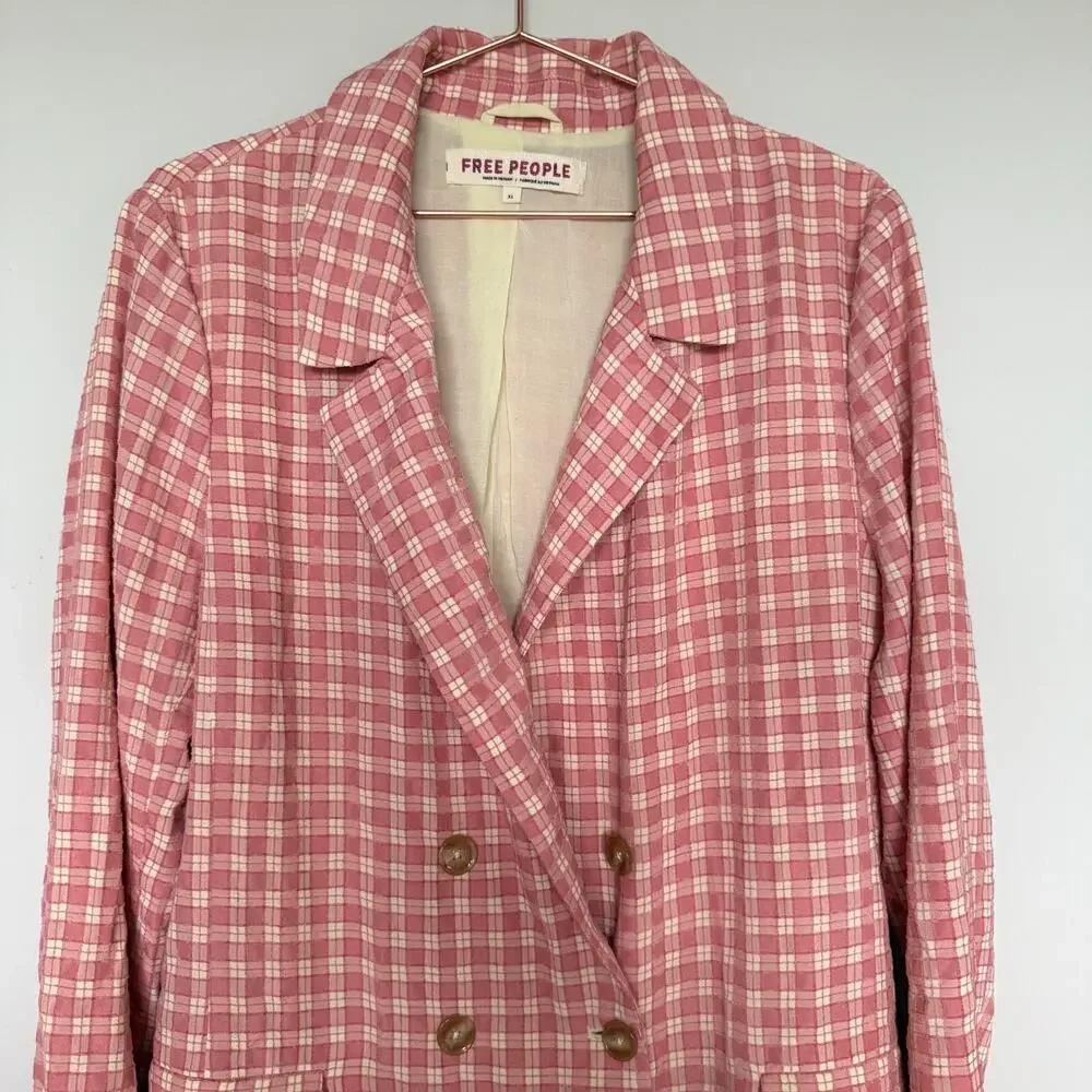 Free People Pink Plaid Double-Breasted Blazer Jacket - Picture 3 of 9